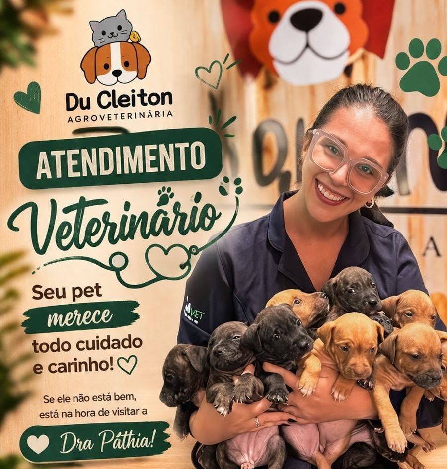 Cartaz do atendimento veterinário da Agro Du Cleiton com a Dra. Páthia segurando filhotes